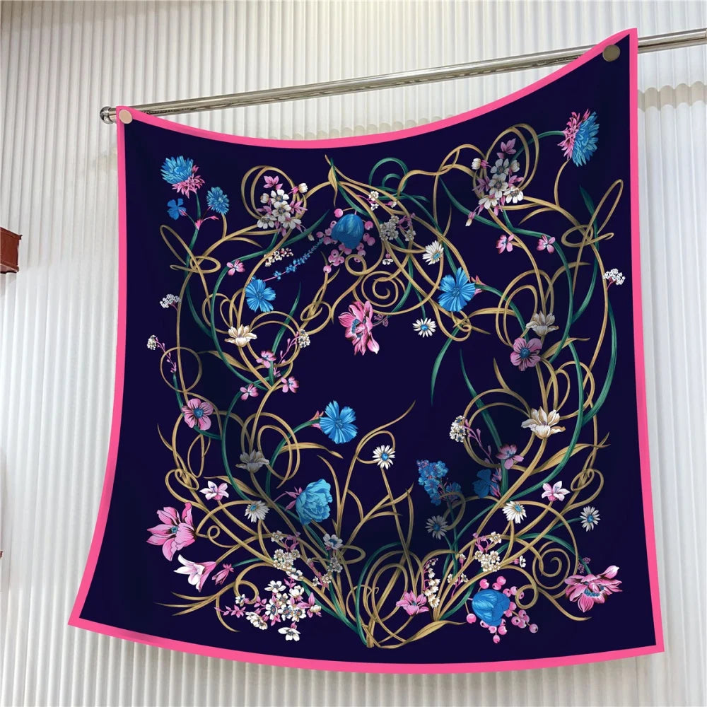 Silk Scarf Women Floral Printed Square Scarves Head Echarpes Silk Foulards Femme Wraps Beach Shawls Bandana Lady Hijabs 90CM