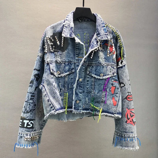 Women Diamonds Beaded Letters Graffiti Denim Coat Holes Rivets Tassels Jeans Bomber Jacket Casual Eyelet Cowboy Cardigan Jaqueta