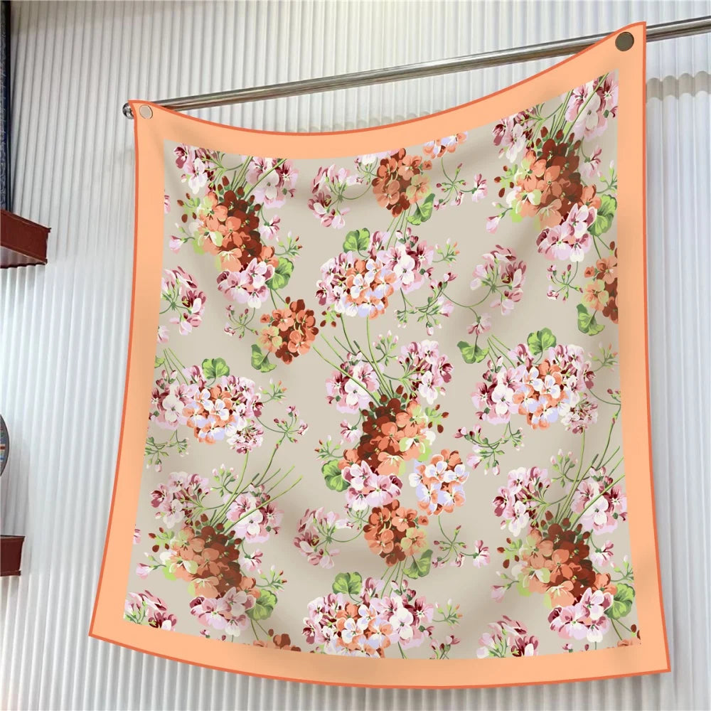Silk Scarf Women Floral Printed Square Scarves Head Echarpes Silk Foulards Femme Wraps Beach Shawls Bandana Lady Hijabs 90CM