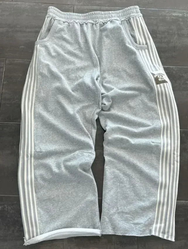 High Street Hip Hop Flared Sweatpants Striped Side Zipper Design Elastic Waist Wide-Leg American Retro Trend pants