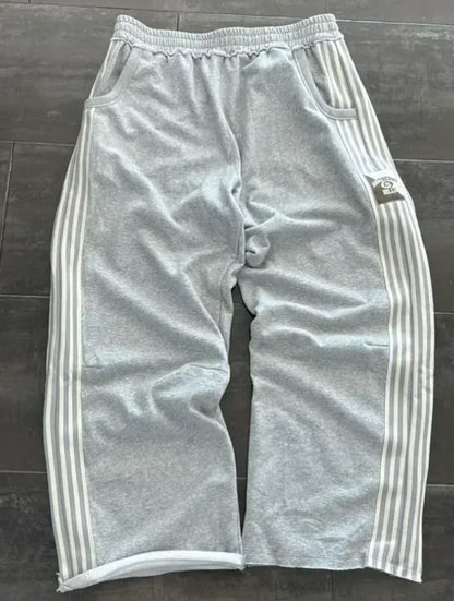 High Street Hip Hop Flared Sweatpants Striped Side Zipper Design Elastic Waist Wide-Leg American Retro Trend pants