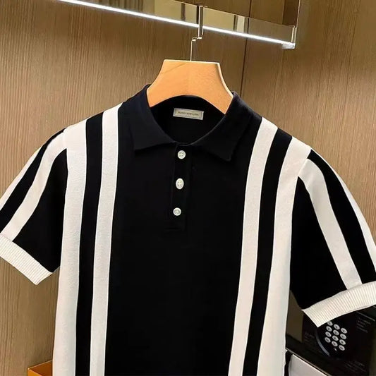Summer New Men's Knitting polos Shirt Men Turn-down Collar Button Fashion Color Stripe Tops Knit Casual Short Sleeve T-shirts