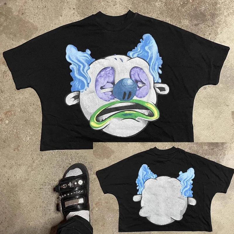Trendy Brand Fashion Letters Cartoon Print Oversized Short-sleeved Men Y2k Harajuku Hip-hop Retro Loose Casual T-shirts Women