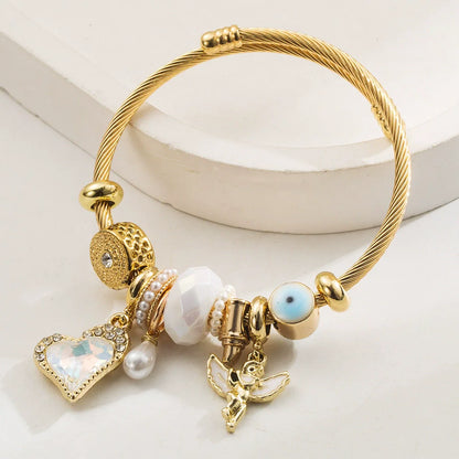 Stainless Steel Mixed Beads Butterfly Adjustable Bracelet with Crystals Letter Tag for Women DIY Jewelry
