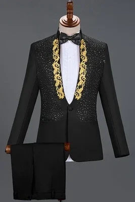 Autumn Slim Printed Wedding Men Suit Jacket Set For Marriage High Quality Stage Performance Host Formal Black Men Blazer