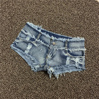 Women's Shorts Sexy Hole Rivet Low Waist Thong Denim Ultra Mini Short Female Bikini Jeans Feminino Nightclub
