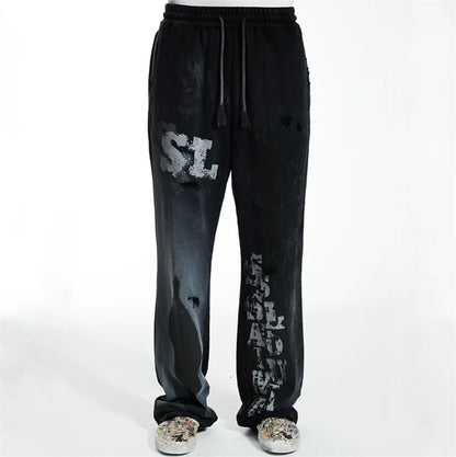 High Street Men Women Hip Hop Best Pants Vintage SAINT LOUIS Drawstring Destruction Splattered Ink Letters Print Sweatpants