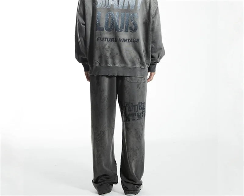 High Street Men Women Hip Hop Best Pants Vintage SAINT LOUIS Drawstring Destruction Splattered Ink Letters Print Sweatpants