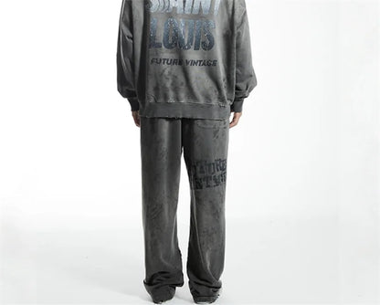 High Street Men Women Hip Hop Best Pants Vintage SAINT LOUIS Drawstring Destruction Splattered Ink Letters Print Sweatpants