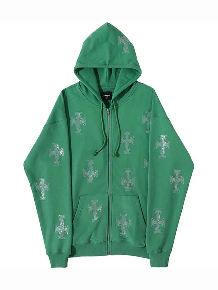 European and American loose top cross hot diamond hoodie women's high street  retro hip hop zipper Y2K hooded sweatshirt