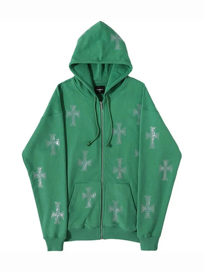 European and American loose top cross hot diamond hoodie women's high street  retro hip hop zipper Y2K hooded sweatshirt
