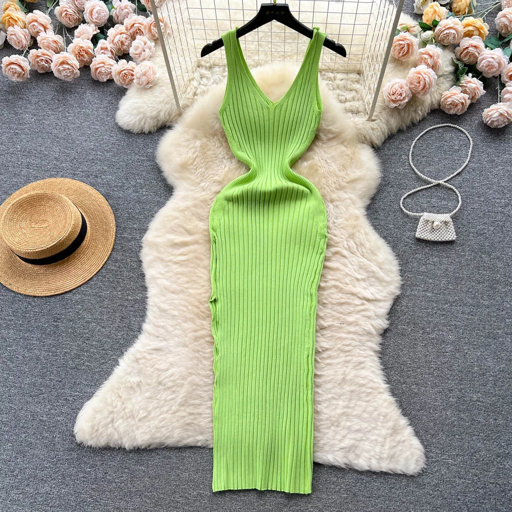 Sexy Wrap Hips Split Knitted Autumn Dress Women Slim Elastic Bodycon Long Dress Streetwear Outfits Vestido
