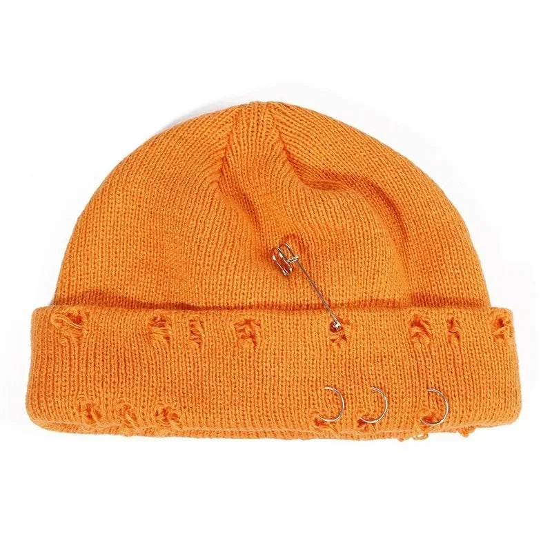 9 Colors Fashionable Ladies Winter Warm Knitted Caps 3 Metal Ring Buckled Hat Cool Pure Hip Hop Hats for Women