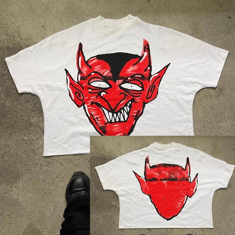 Trendy Brand Fashion Letters Cartoon Print Oversized Short-sleeved Men Y2k Harajuku Hip-hop Retro Loose Casual T-shirts Women