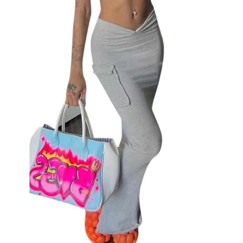 Women Casual Slim High Waist Long Skirt Versatile Irregular Slit Gray A-lined Skirts With Pocket Female Fashion Daily Streetwear