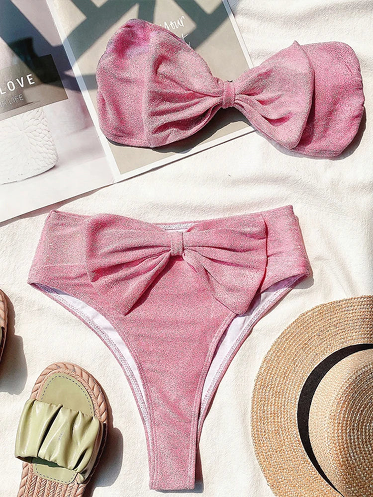 2023 New Sexy Flash Bikini High Waist Swimsuit Women Bandeau Push Up Swimwear Female Bow-knot Bikini Set Bathing Suit Beachwear