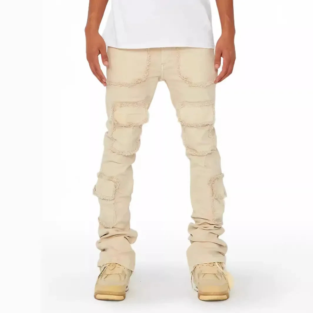 Men's Denim Workwear Straight-leg Pants, European and American Fashion Elastic Patched Denim Stacked Flared Men's Pants S-XL