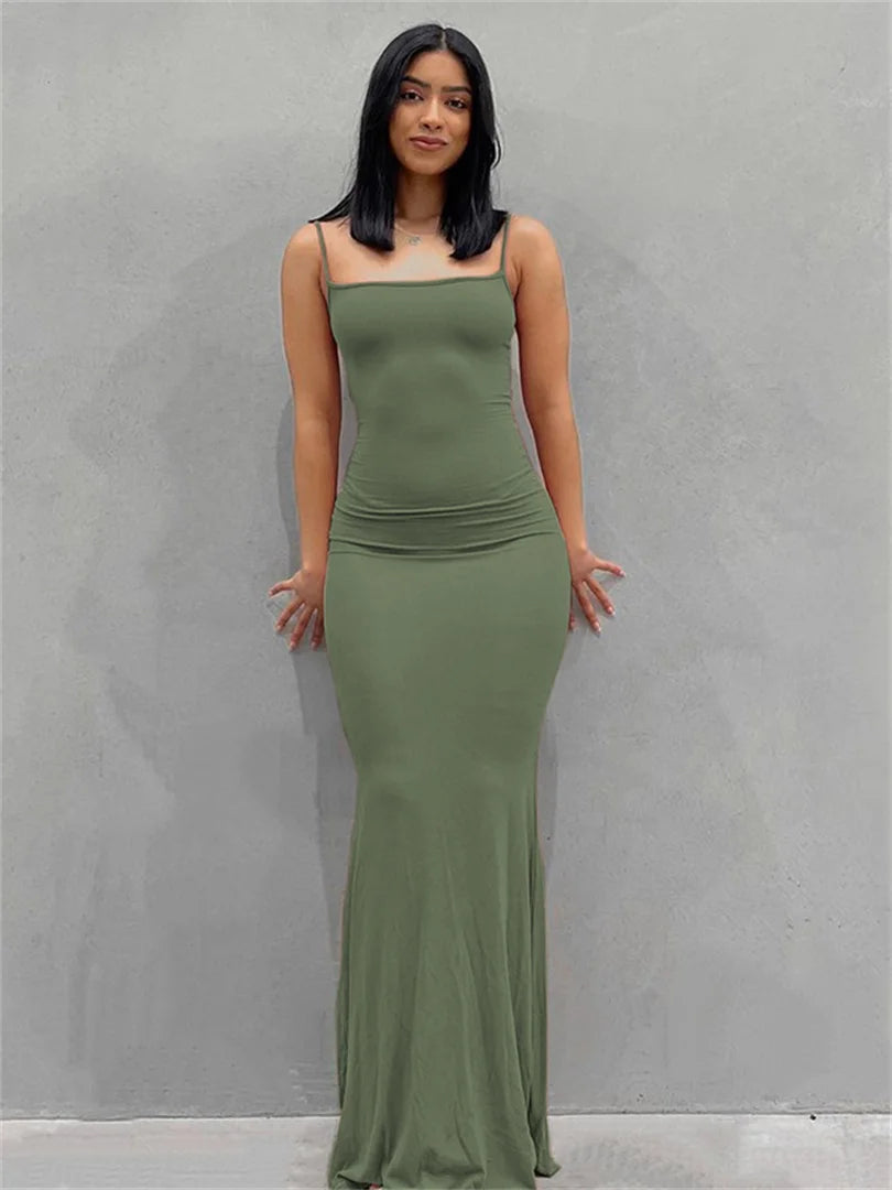 wsevypo Spaghetti Strap Bodycon Long Dress Summer 2022 Women Sleeveless Wrapped Fish Tail Dress Solid Color Club Streetwear