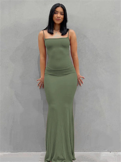 wsevypo Spaghetti Strap Bodycon Long Dress Summer 2022 Women Sleeveless Wrapped Fish Tail Dress Solid Color Club Streetwear