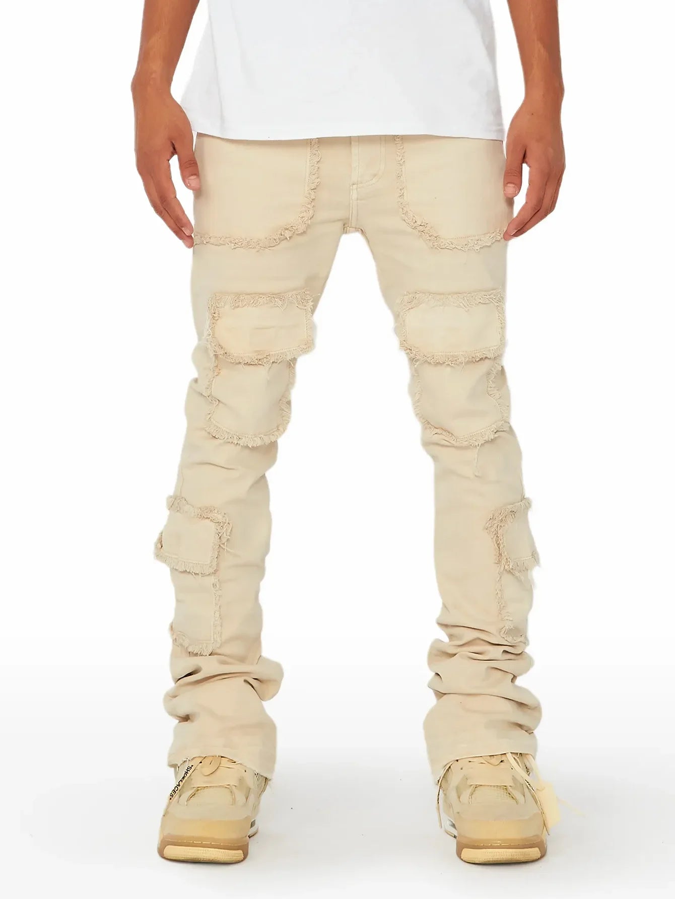 Men's Denim Workwear Straight-leg Pants, European and American Fashion Elastic Patched Denim Stacked Flared Men's Pants S-XL