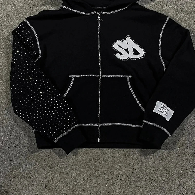 Y2k Streetwear Retro Men Embroidery Personalized Diamond Oversized Hoodie Men Women Gothic Casual Sweatshirt