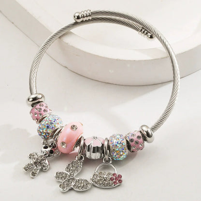 Stainless Steel Mixed Beads Butterfly Adjustable Bracelet with Crystals Letter Tag for Women DIY Jewelry