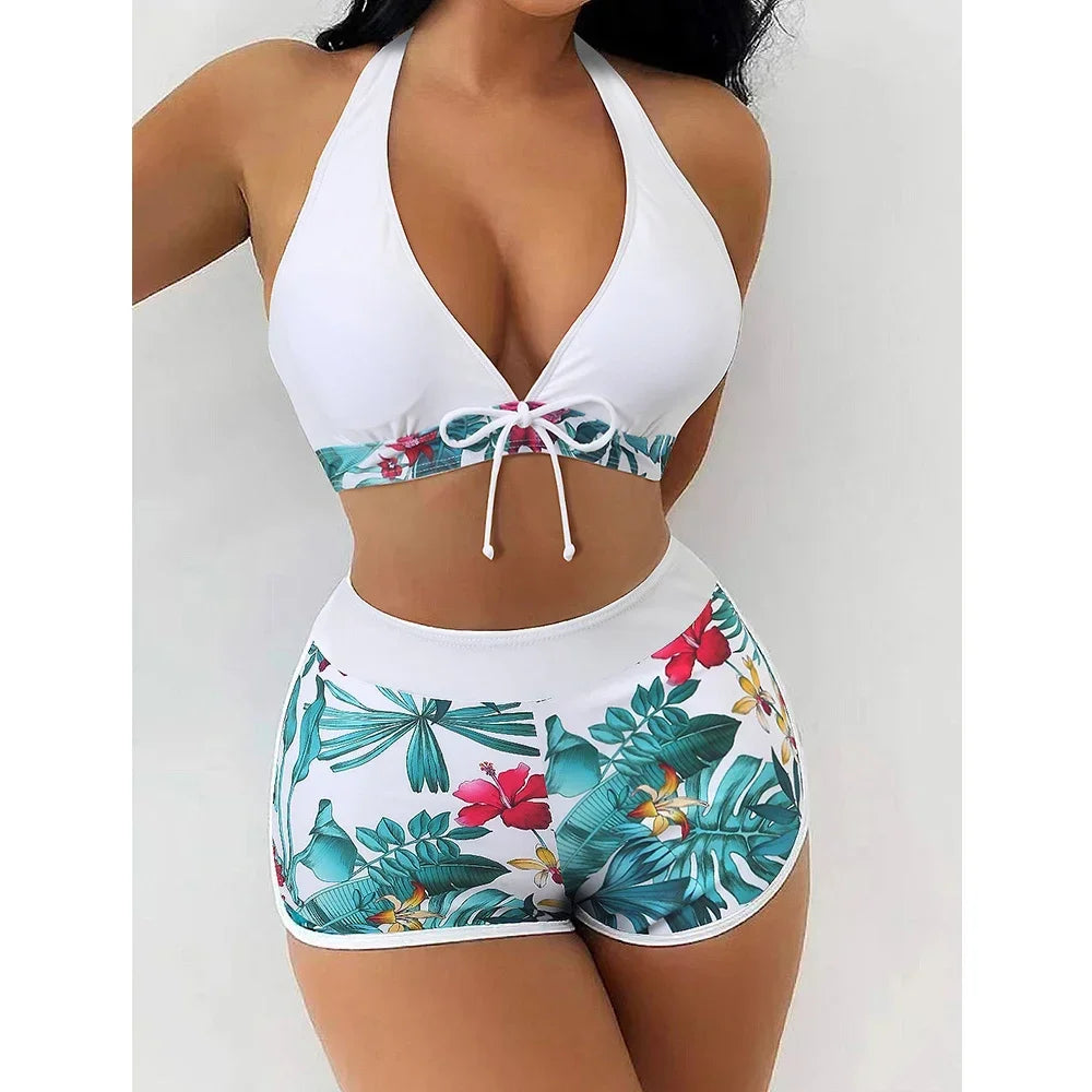 Women's Sexy Triangle Bikini Set 2-piece Swimsuit Hanging Neck Cross Split Swimwear Color Matching Brazilian Bathing Suit