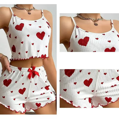 Hot Selling Womens Pajamas Set Sleepwear 2PCS Short Tank Tops And Shorts White Ventilate Soft Casual Red Love Printing Sleepwear