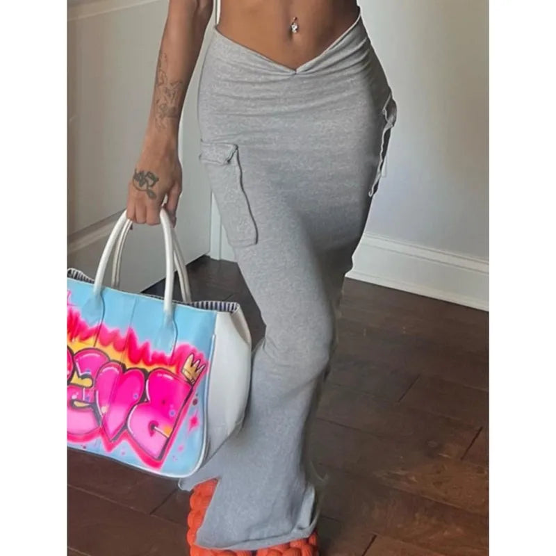 Women Casual Slim High Waist Long Skirt Versatile Irregular Slit Gray A-lined Skirts With Pocket Female Fashion Daily Streetwear