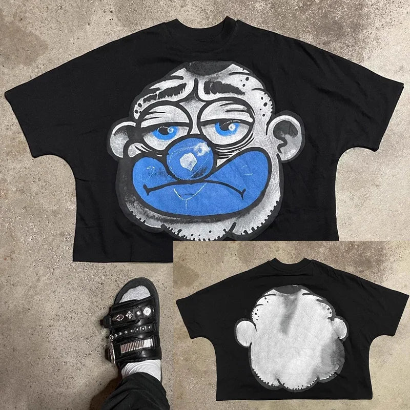 Trendy Brand Fashion Letters Cartoon Print Oversized Short-sleeved Men Y2k Harajuku Hip-hop Retro Loose Casual T-shirts Women