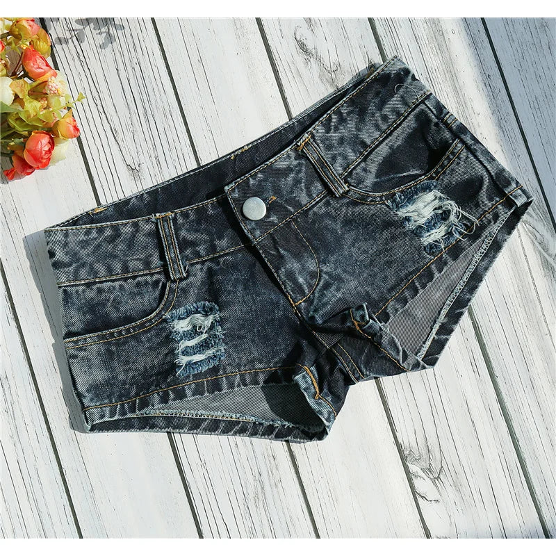 Women's Shorts Sexy Hole Rivet Low Waist Thong Denim Ultra Mini Short Female Bikini Jeans Feminino Nightclub