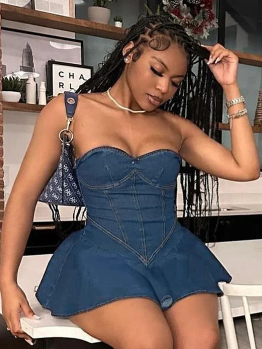 Fake Denim Strapless Sexy Dress Women Summer Trend Skinny Hipster Fashion Concert Birthday Party Clubwear  Bodycon