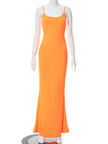 wsevypo Spaghetti Strap Bodycon Long Dress Summer 2022 Women Sleeveless Wrapped Fish Tail Dress Solid Color Club Streetwear