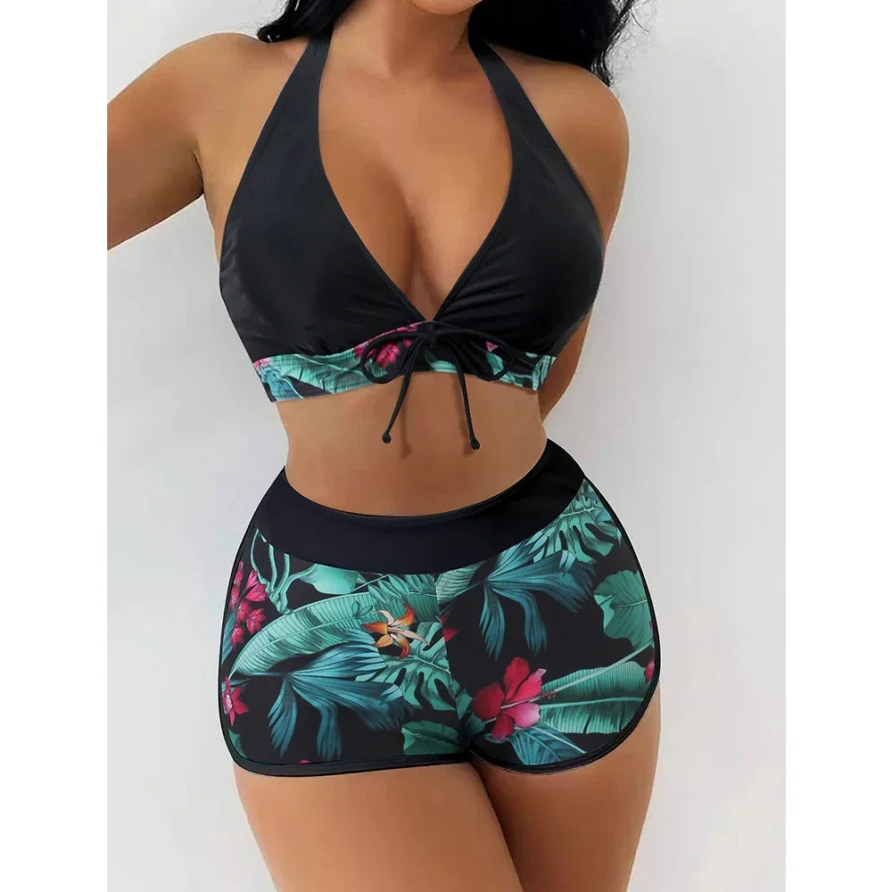 Women's Sexy Triangle Bikini Set 2-piece Swimsuit Hanging Neck Cross Split Swimwear Color Matching Brazilian Bathing Suit