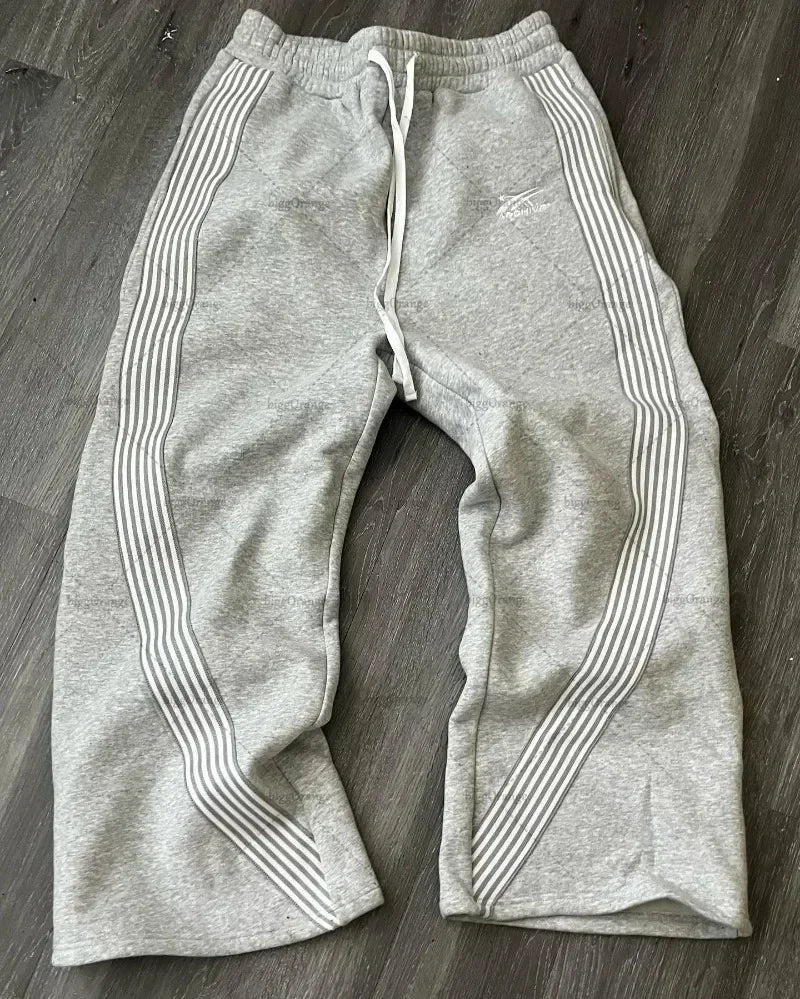 High Street Hip Hop Flared Sweatpants Striped Side Zipper Design Elastic Waist Wide-Leg American Retro Trend pants