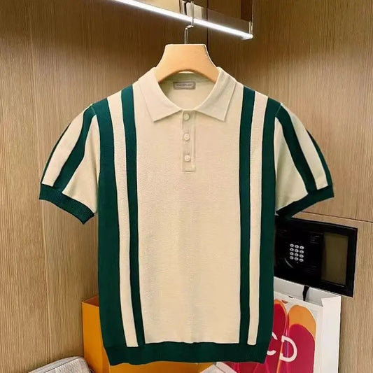 Summer New Men's Knitting polos Shirt Men Turn-down Collar Button Fashion Color Stripe Tops Knit Casual Short Sleeve T-shirts