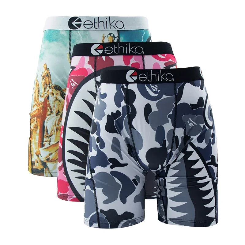 3Pcs ETHIKA Sexy Men Underwear Boxers Fashion Shark Print Underpants Breathable Panties Lingeries Plus Size Boxer Briefs Trunks