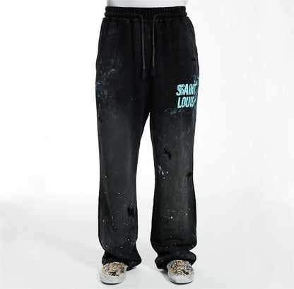 High Street Men Women Hip Hop Best Pants Vintage SAINT LOUIS Drawstring Destruction Splattered Ink Letters Print Sweatpants