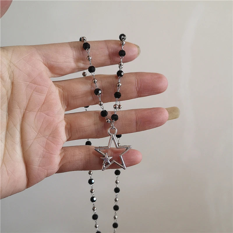 Kpop Vintage Punk Silver Color Star Pendant Bead Necklace for Men Women Street Hip Hop Aesthetic Grunge Jewelry Y2K Accessories