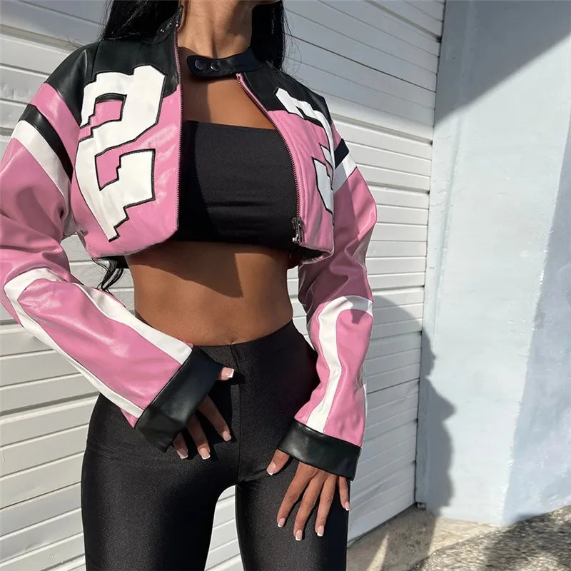 Women Faux Leather Streetwear Fashion New Jacket Letter Print Autumn Casual Sporty Wild Streetwear Uniform Trend Lady Crop Coat