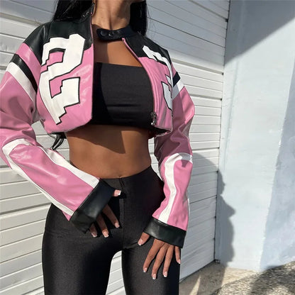 Women Faux Leather Streetwear Fashion New Jacket Letter Print Autumn Casual Sporty Wild Streetwear Uniform Trend Lady Crop Coat