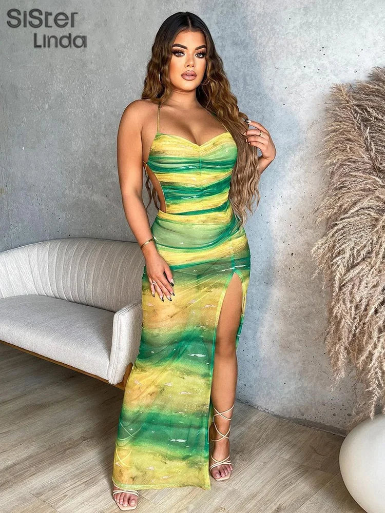 Sisterlinda Vintage Contrast Long Dress Women Cross Bandage Backless Shirring Split Bodycon Mujer Elegant Evening Party Vestidos