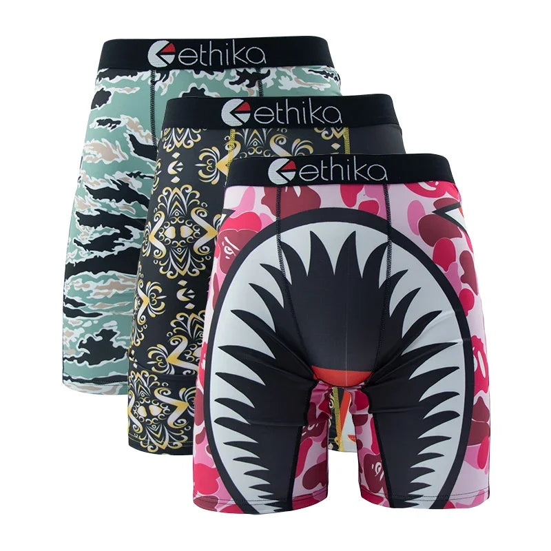 3Pcs ETHIKA Sexy Men Underwear Boxers Fashion Shark Print Underpants Breathable Panties Lingeries Plus Size Boxer Briefs Trunks
