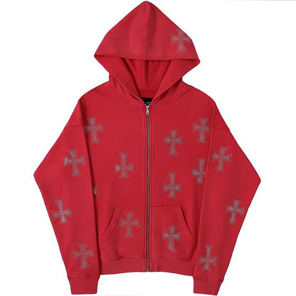 European and American loose top cross hot diamond hoodie women's high street  retro hip hop zipper Y2K hooded sweatshirt