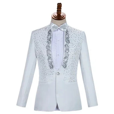 Autumn Slim Printed Wedding Men Suit Jacket Set For Marriage High Quality Stage Performance Host Formal Black Men Blazer