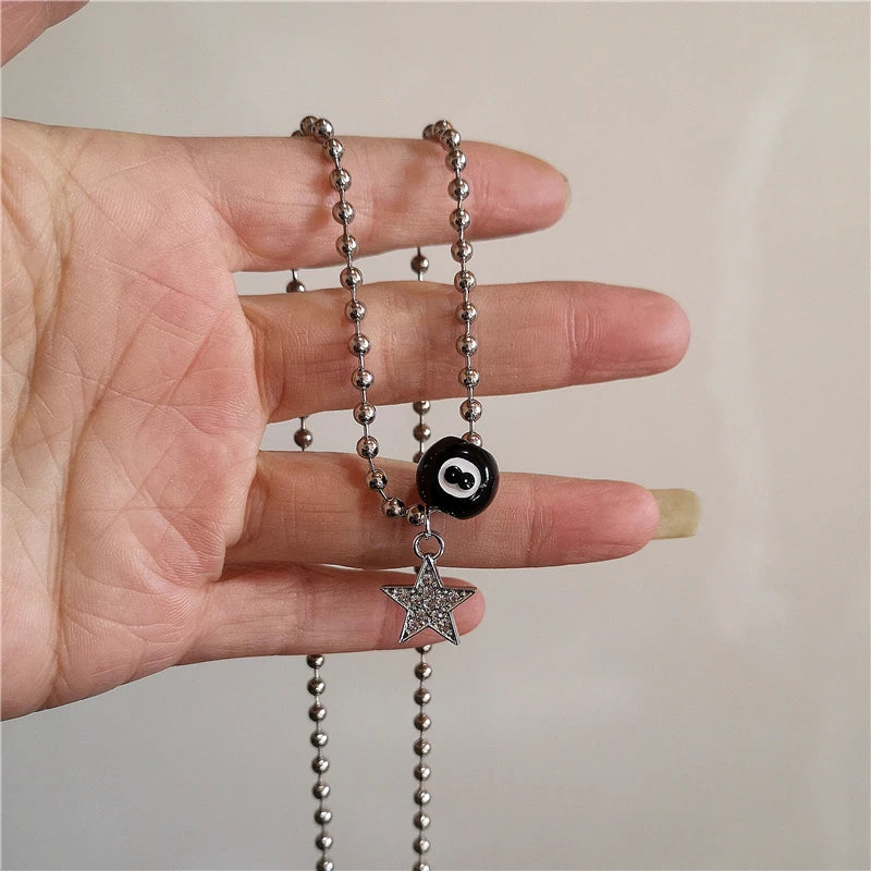 Kpop Vintage Punk Silver Color Star Pendant Bead Necklace for Men Women Street Hip Hop Aesthetic Grunge Jewelry Y2K Accessories