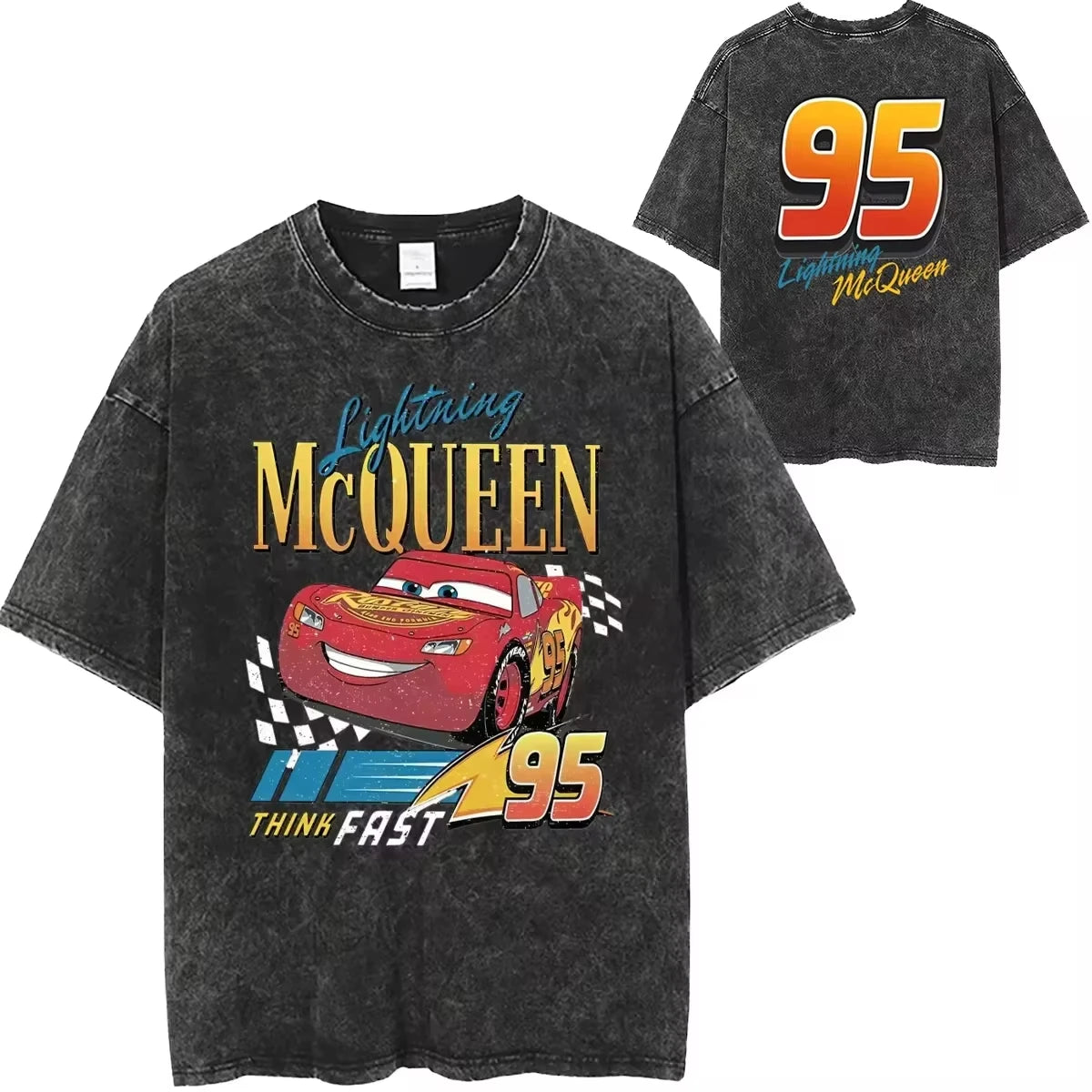 Washed T-Shirt Vintage Car 95 Lightning McQueen Hip Hop Vintage Unisex T-Shirt Streetwear Short Sleeve Top T-Shirt Ladies