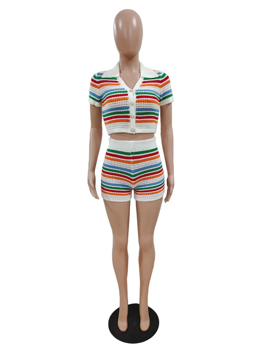 Sweater Sets for Women 2 Piece Button Up Short Sleeves Crop Top Shorts Suit Sweatshirt Casual Kintted Two Piece Sets