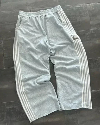 Hip Hop Letter Striped Embroidery Drawstring Sweatpants Y2K Pants Mens Womens Retro Gray Baggy Sweatpants Trousers