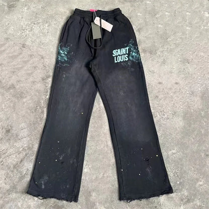 High Street Men Women Hip Hop Best Pants Vintage SAINT LOUIS Drawstring Destruction Splattered Ink Letters Print Sweatpants
